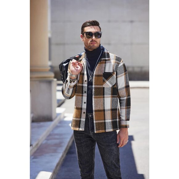 Men's Khaki Gray Flannel Shirts Casual Button Down Plaid Shirt with Pockets - Picture 3 of 6